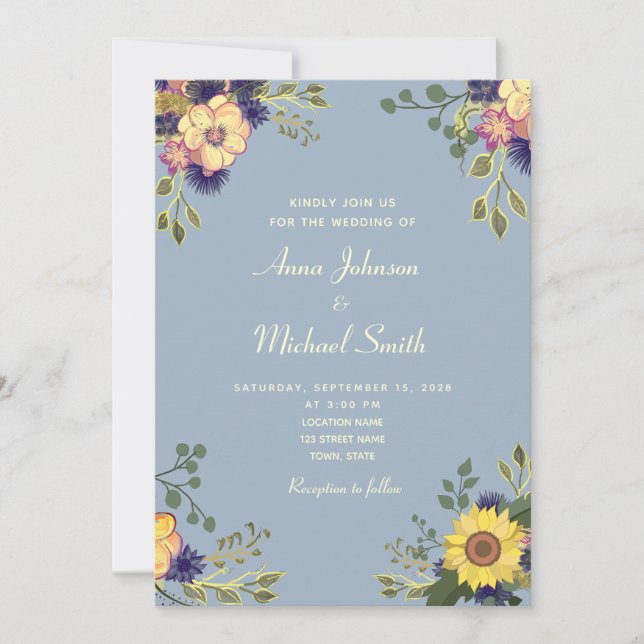 Convite de Casamento Floral Rústico Azul Poeirento (Frente)