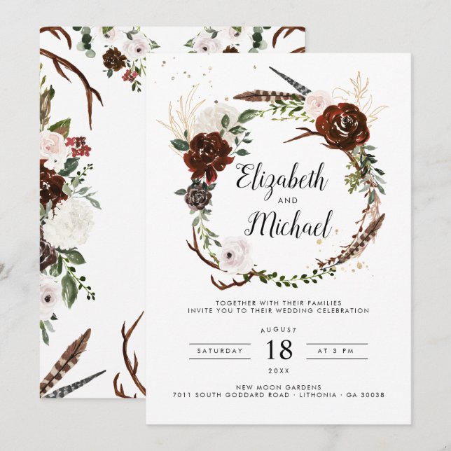 Convite de Casamento Floral Rústico | Boho Botânic (Frente/Verso)