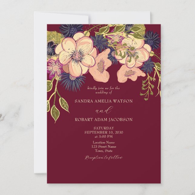 Convite de Casamento Floral Rústico com Rosa e Bor (Frente)