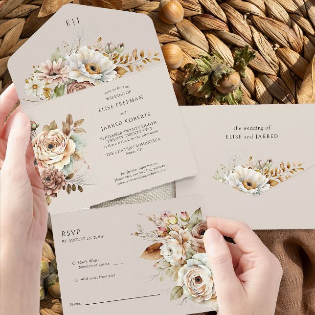 Convite de Casamento Floral Rústico de Outono com  (Wedding Invitation with RSVP from Rustic Floral Brown Neutral Wedding Collection by Darling & May)