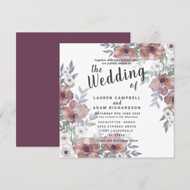 Convite de Casamento Floral Rústico em Laranja Que (Frente/Verso)