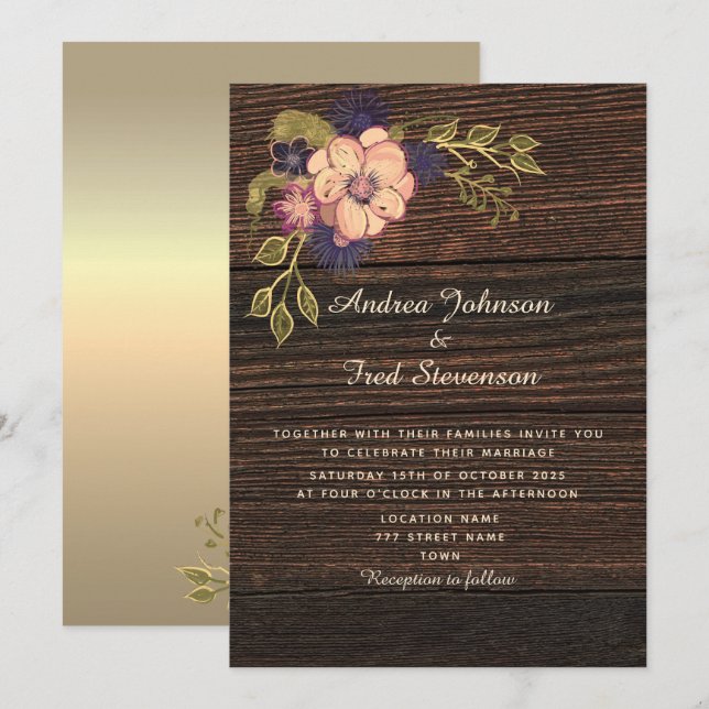 Convite de Casamento Floral Rústico em Madeira (Frente/Verso)