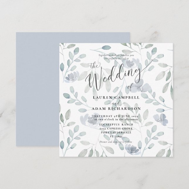 Convite de Casamento Floral Rústico Eucalipto Azul (Frente/Verso)