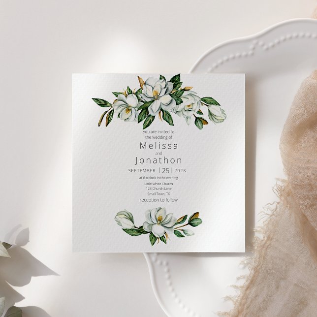 Convite de Casamento Floral Rústico Magnólia Branc (Criador carregado)