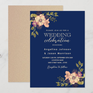 Convite de Casamento Floral Rústico Rosa Azul Mari