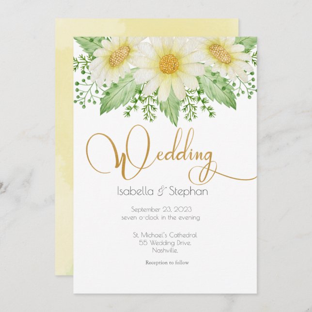 Convite de Casamento Floral Script Margaridas Bran (Frente/Verso)