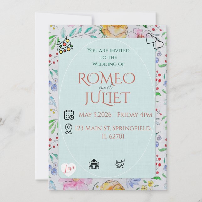 Convite de casamento floral simples com flor aquar (Frente)