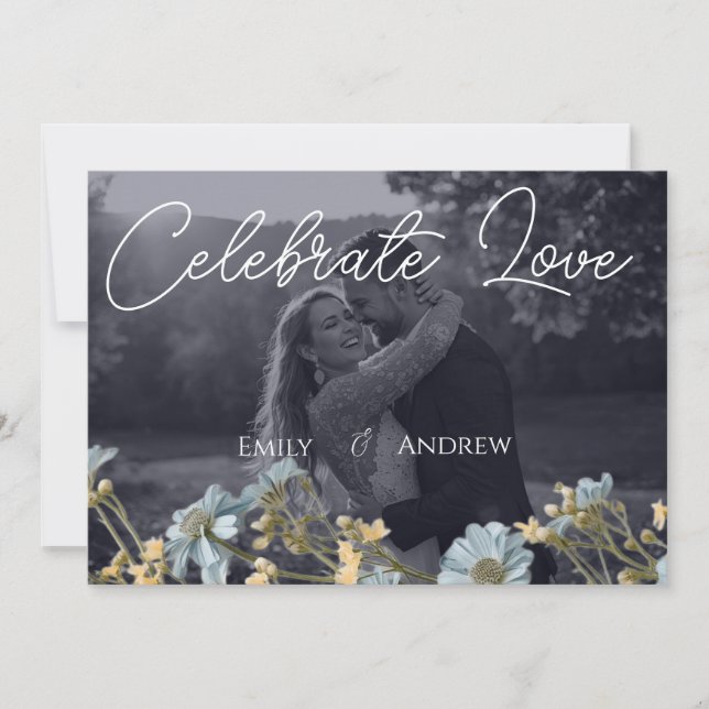 Convite de Casamento Floral Simples Moderno Azul-M (Frente)