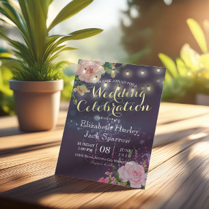 Convite de casamento Floral String Luz Roxo Sparkl