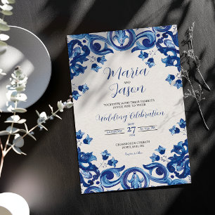 Convite de Casamento Floral Talavera Majólica Azul