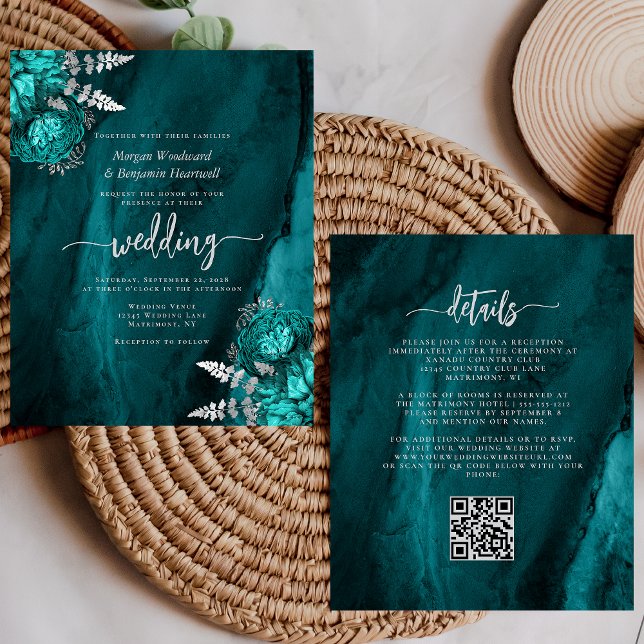 Convite de Casamento Floral Teal Prata com Código  (Criador carregado)