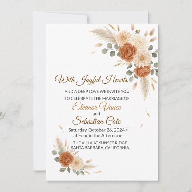 Convite de Casamento Floral Terracota Boho Neutro  (Frente)