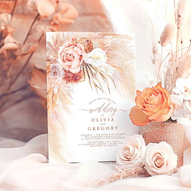 Convite De Casamento Floral Terracotta Pampas Gras (Terracotta Boho Wedding Invitations)
