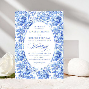 Convite de Casamento Floral Toile Azul Real Chic