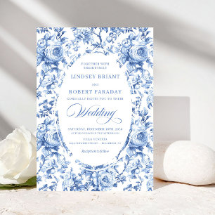 Convite de Casamento Floral Toile Chic Azul Chinoi