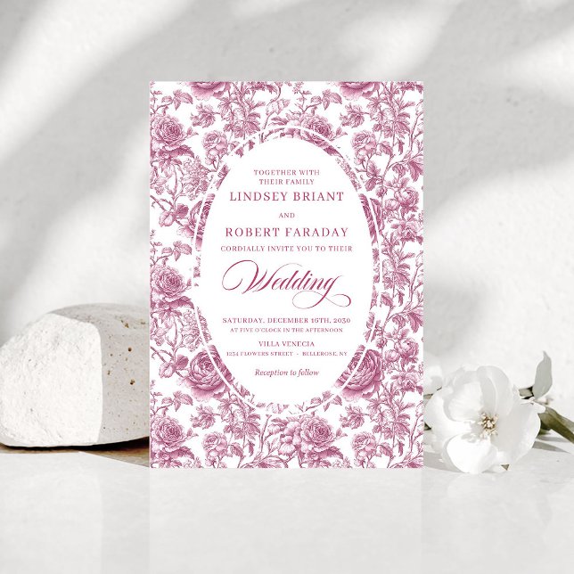 Convite de Casamento Floral Toile de Jouy Rosa Beg (Classic Blush Rose Toile Floral Wedding Invitation)