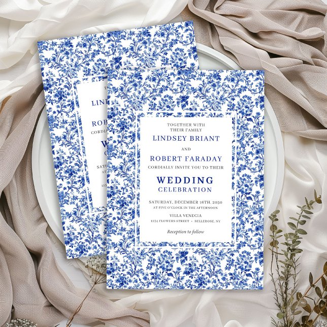 Convite de Casamento Floral Toile Francês Azul Rea (Royal Blue French Toile Floral Wedding Invitation)