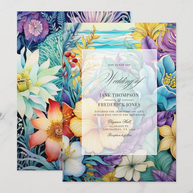 Convite de Casamento Floral Tons de Praia Verão (Frente/Verso)