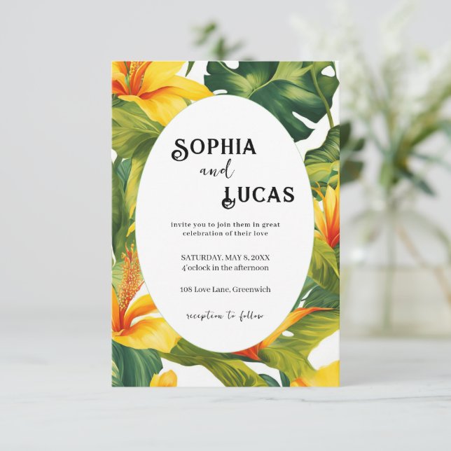 Convite de Casamento Floral Tropical Amarelo (Em pé/Frente)