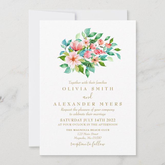 Convite de Casamento Floral Tropical e Dourado (Frente)