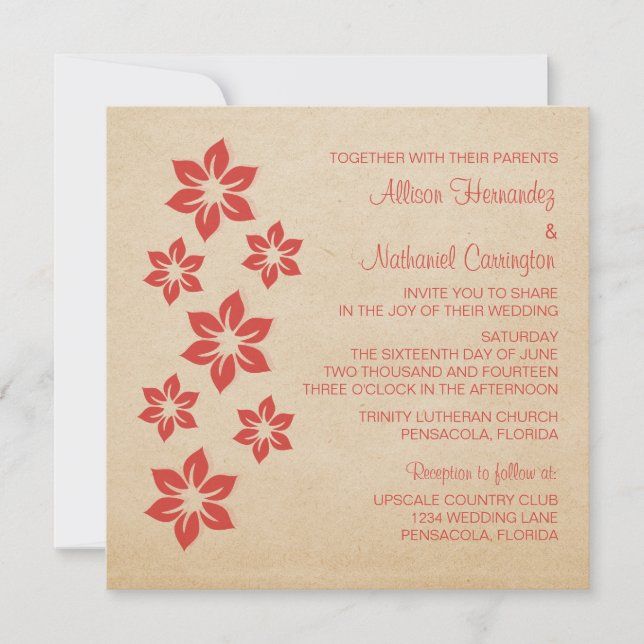 Convite de casamento Floral Tropical Vermelho (Frente)