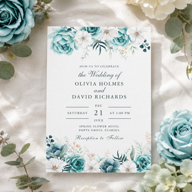 Convite de Casamento Floral Turquesa | Botânico (Teal Floral Wedding Invitation | Botanical)