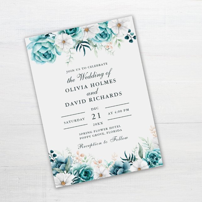 Convite de Casamento Floral Turquesa | Botânico (Teal and Off-White Floral Wedding Invitation on gray table)