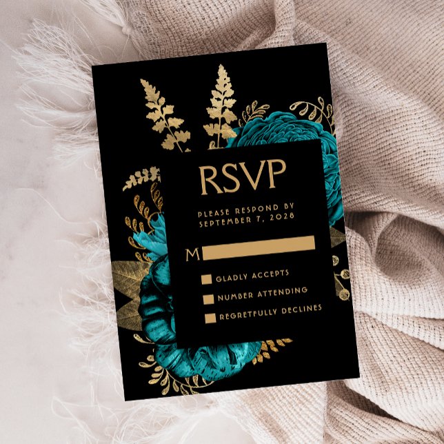 Convite de Casamento Floral Turquesa Dourado Sombr (Criador carregado)