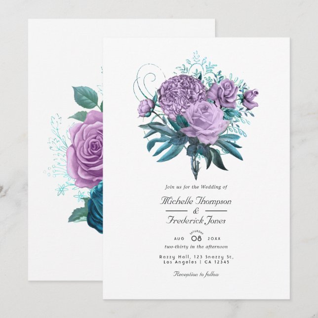 Convite de Casamento Floral Turquesa e Lavanda (Frente/Verso)