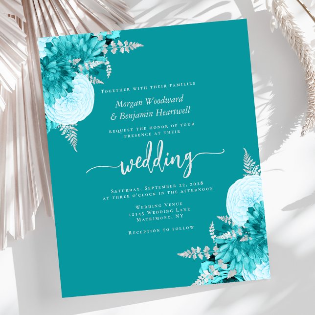 Convite de Casamento Floral Turquesa Prata Econômi (Criador carregado)