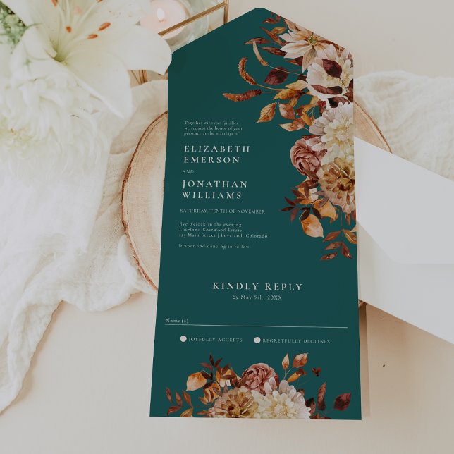Convite de Casamento Floral Turquesa Tudo Em Um (Watercolor Teal Floral Wedding All In One Invitation by Painted Paperie
)