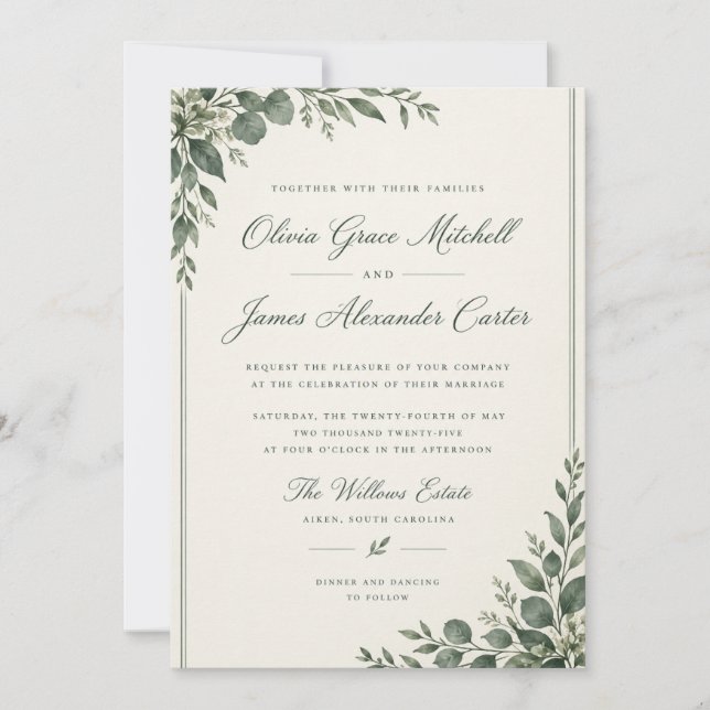 Convite de Casamento Floral/Verde (Frente)