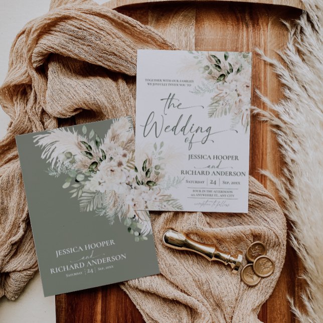 Convite de Casamento Floral Verde Boho Pampas  (Boho Pampas Greenery Floral Wedding Invitation Card)
