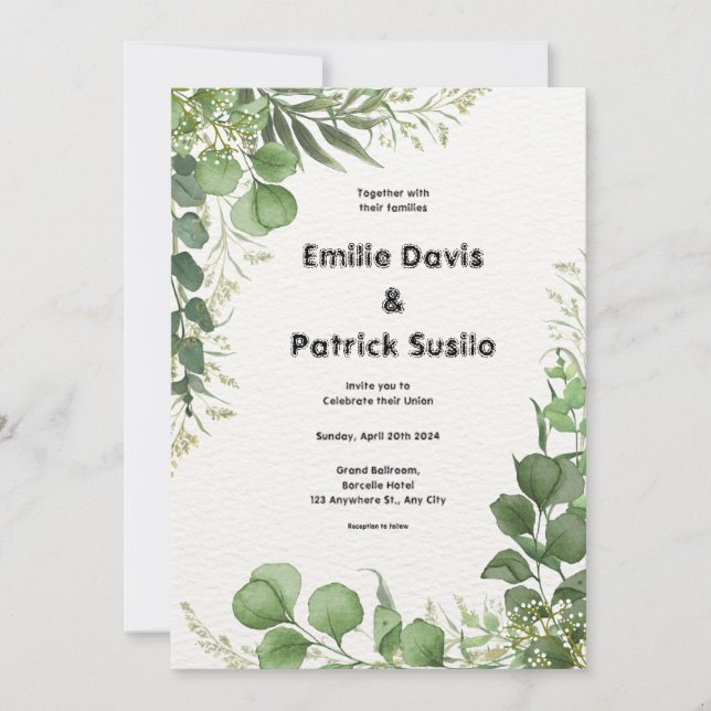 Convite De Casamento Floral Verde Branco Ilustrado (Frente)