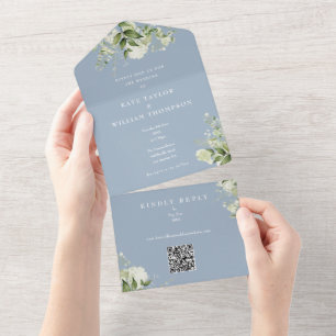 Convite de Casamento Floral Verde Código QR Azul P