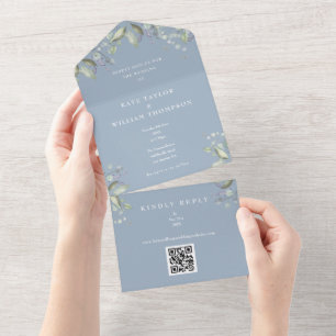 Convite de Casamento Floral Verde Código QR Azul P