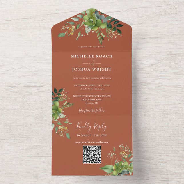 Convite de Casamento Floral Verde Código QR Modern (Interno)