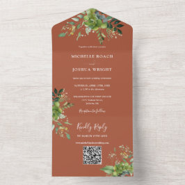 Convite de Casamento Floral Verde Código QR Modern