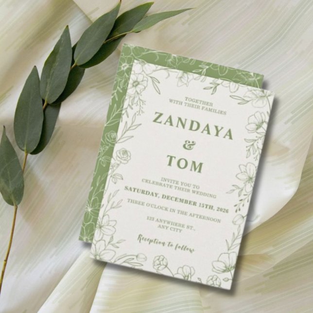Convite de Casamento Floral Verde e Creme Bordado (Criador carregado)