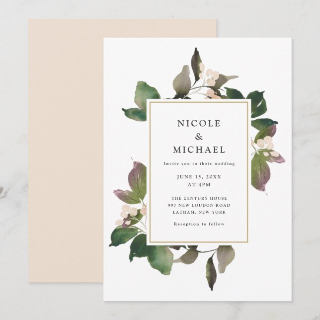 Convite de Casamento Floral Verde Elegante Rosa (Frente/Verso)