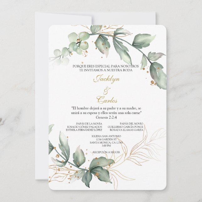 Convite de casamento floral verde em espanhol (Frente)