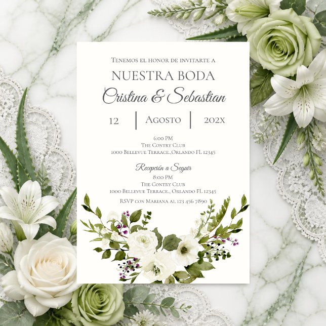 Convite de casamento floral verde em espanhol (Criador carregado)