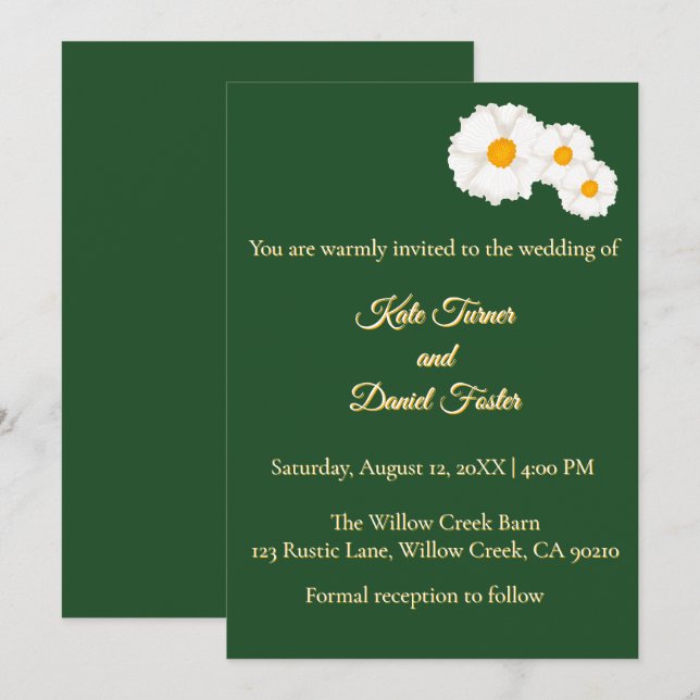 Convite de Casamento Floral Verde Escuro (Frente/Verso)