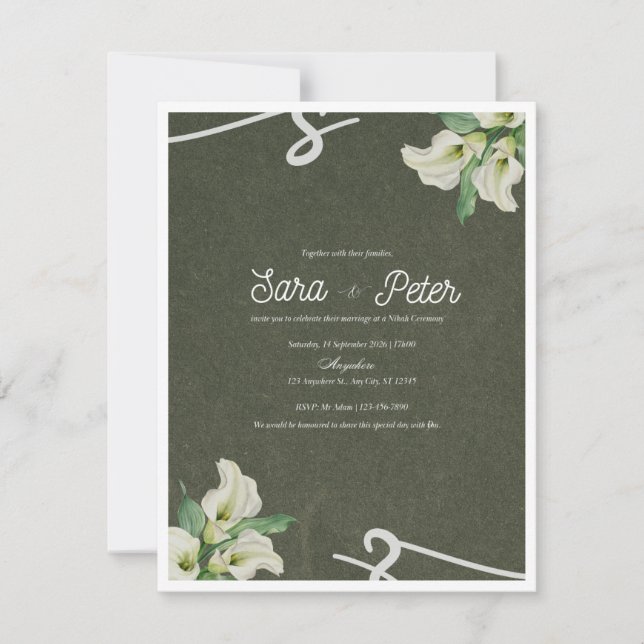 Convite de Casamento Floral Verde Escuro Elegante (Frente)