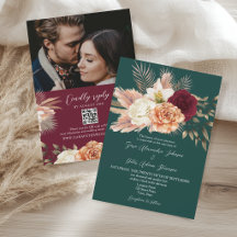 Convite de Casamento Floral Verde Esmeralda com QR