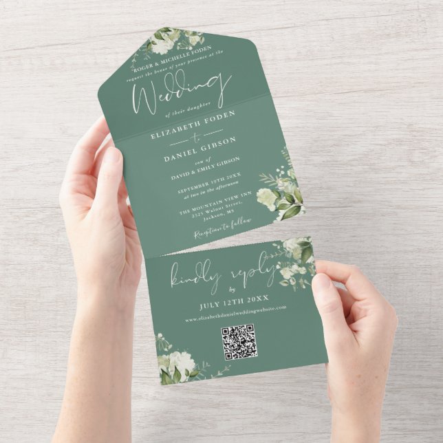 Convite de Casamento Floral Verde Eucalipto Código (Aba destacável)