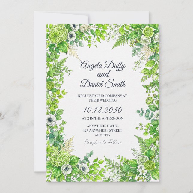 Convite de Casamento Floral Verde Fresco (Frente)