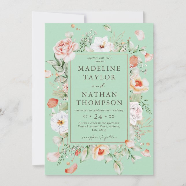 Convite de Casamento Floral Verde Menta e Pêssego (Frente)