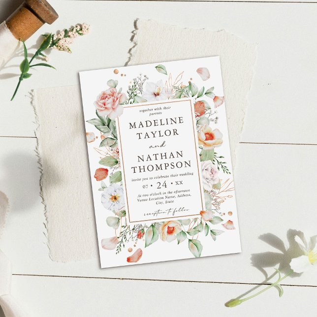 Convite de Casamento Floral Verde Menta e Pêssego (Criador carregado)