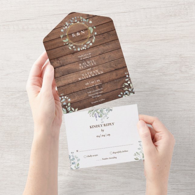 Convite de Casamento Floral Verde Monograma de Mad (Aba destacável)